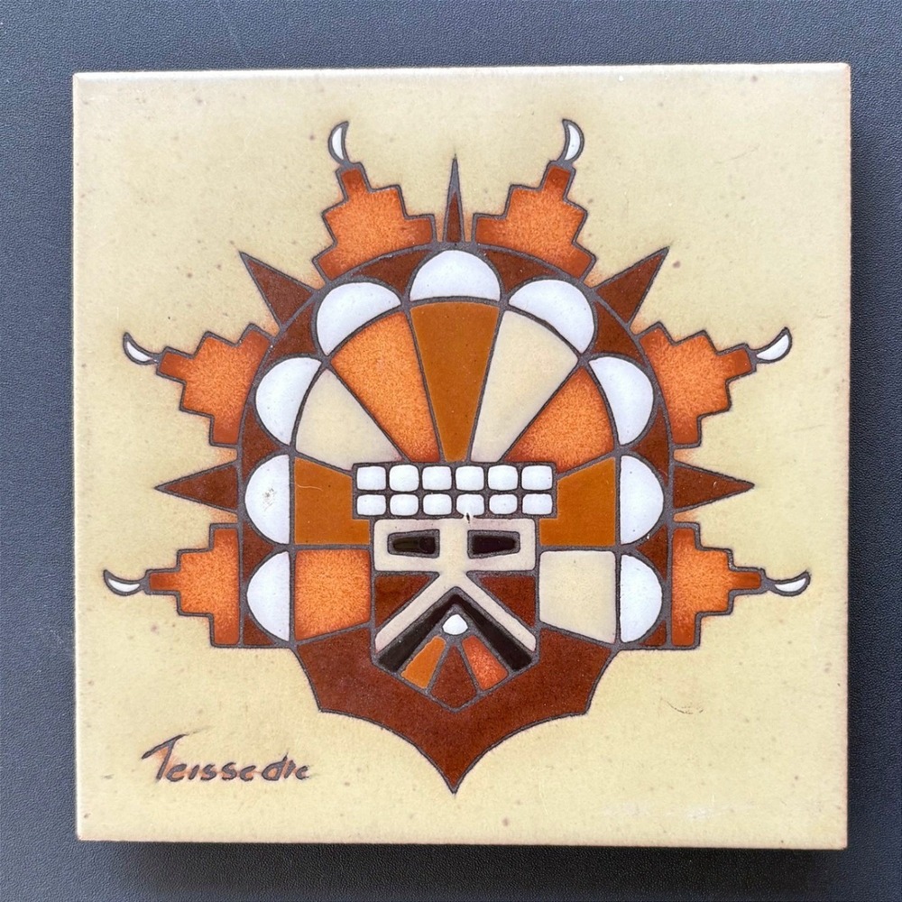 Cleo Teissedre Hand Painted Ceramic Tile Kachina Mask Southwestern Trivet USA